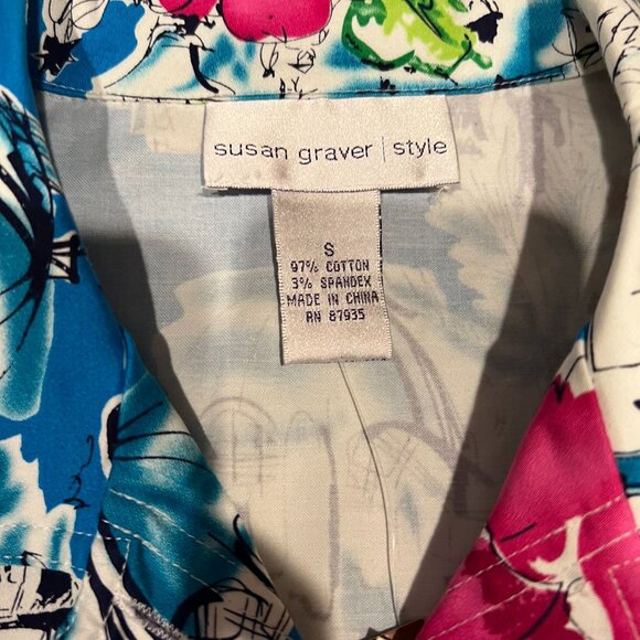 Susan Graver Women Blue Pink Tropical City Scape Collar Blouse Jacket 8 BE - Picture 3 of 9